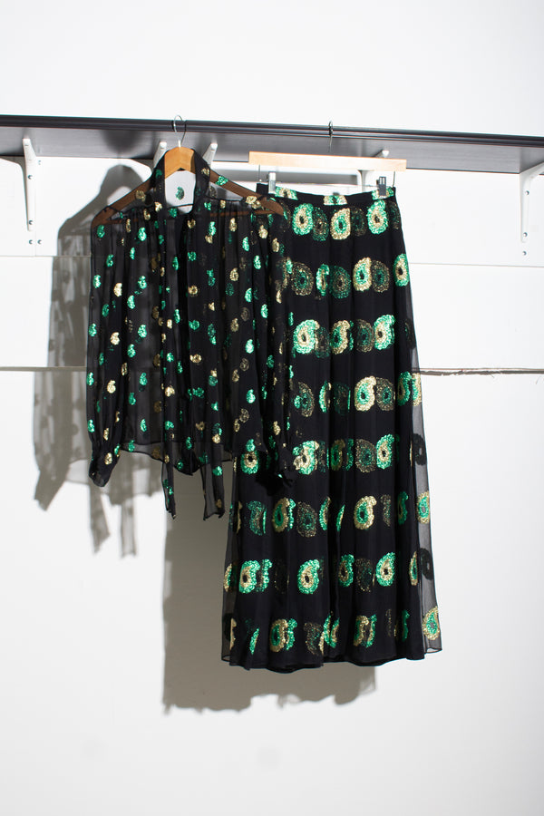 Balmain & Patou Silk Chiffon Lamé Paisley Skirt Set