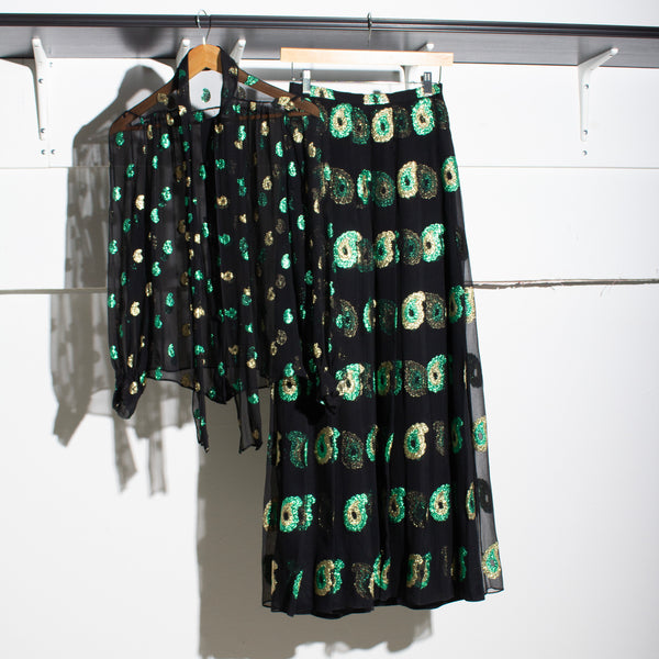 Balmain & Patou Silk Chiffon Lamé Paisley Skirt Set