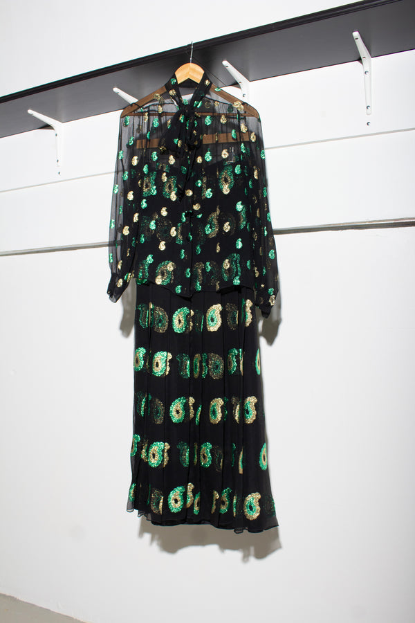 Balmain & Patou Silk Chiffon Lamé Paisley Skirt Set