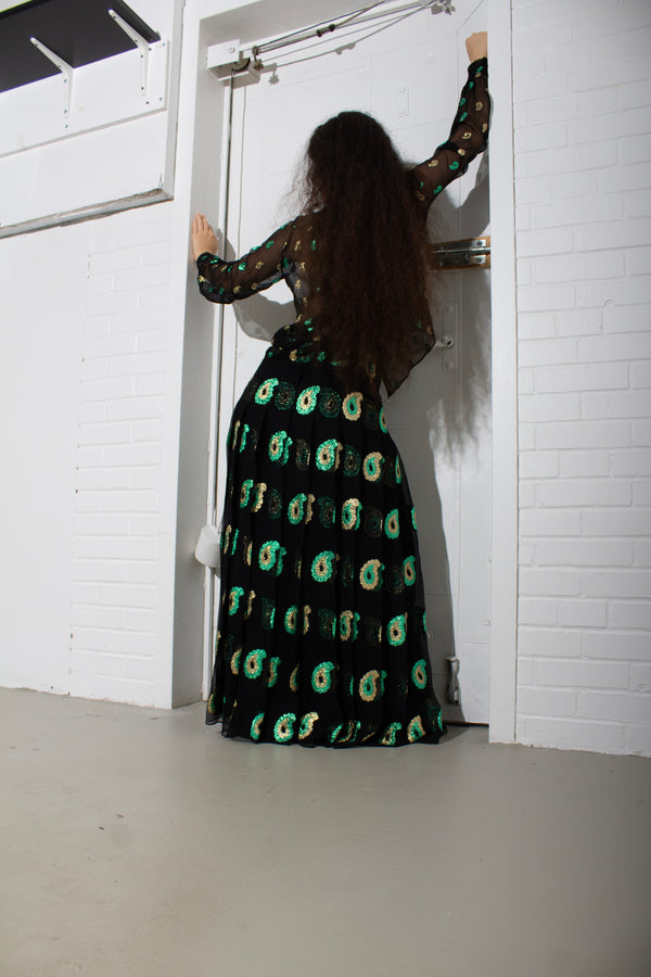 Balmain & Patou Silk Chiffon Lamé Paisley Skirt Set