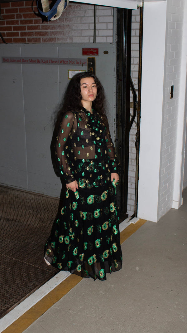 Balmain & Patou Silk Chiffon Lamé Paisley Skirt Set