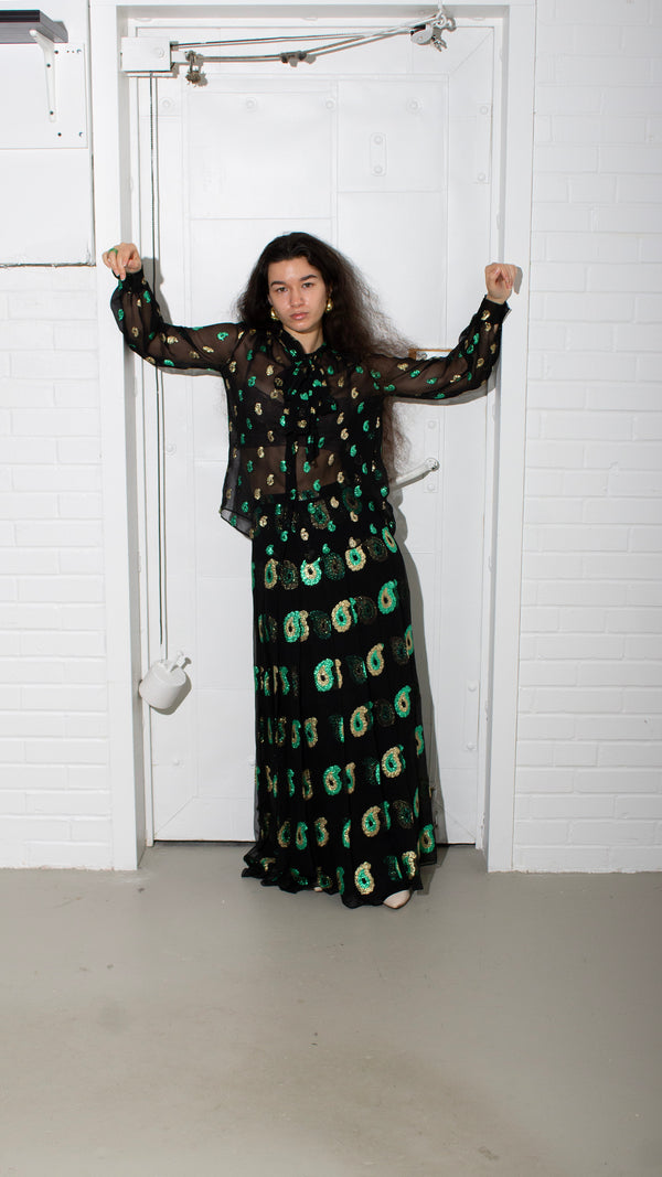 Balmain & Patou Silk Chiffon Lamé Paisley Skirt Set