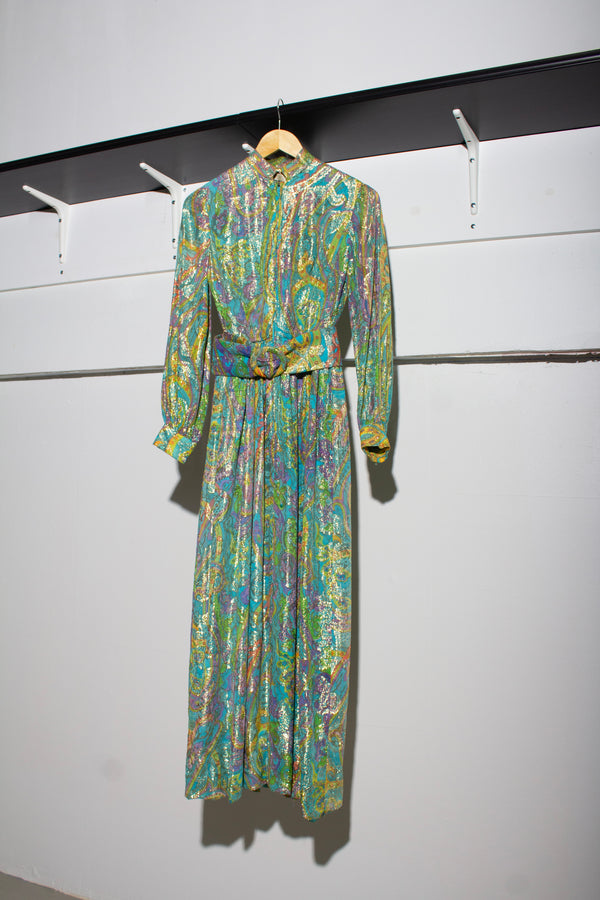 Larry Aldrich Metallic Paisley Print Dress