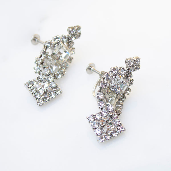 Mid-Century Rhinestone Chandelier Screw Back Earrings