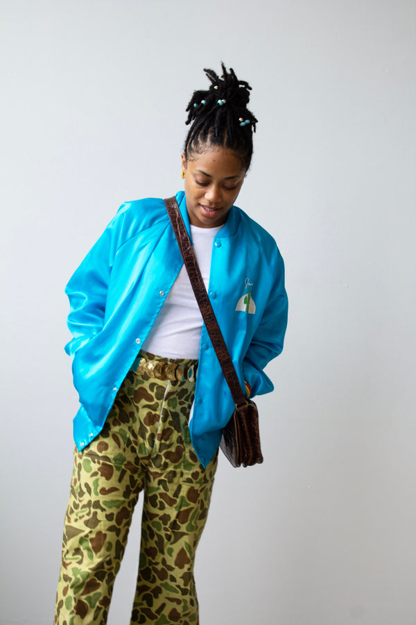 Embroidered Raglan Sleeve Satin Bomber