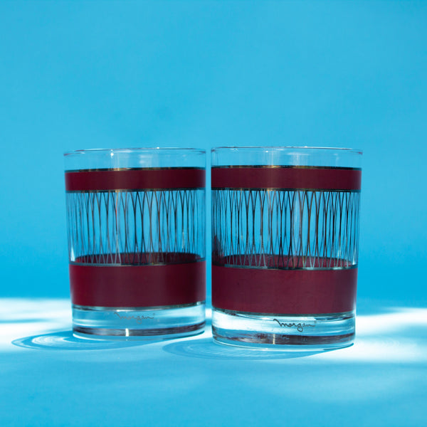 Mid-Century Morgan Signed Chrome Striped Whiskey Glass Set
