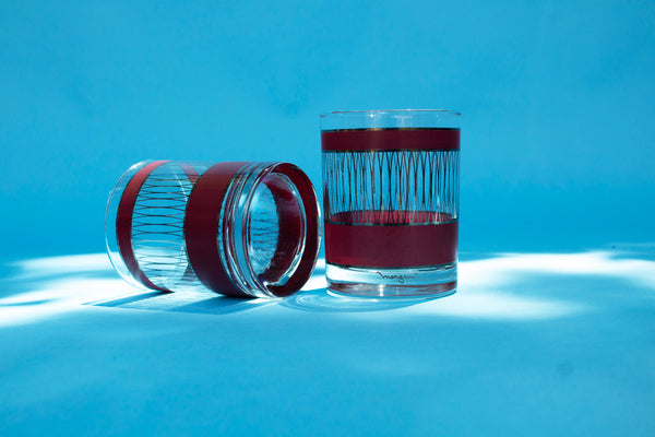 Mid-Century Morgan Signed Chrome Striped Whiskey Glass Set
