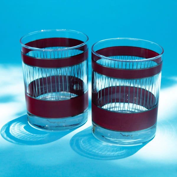 Mid-Century Morgan Signed Chrome Striped Whiskey Glass Set