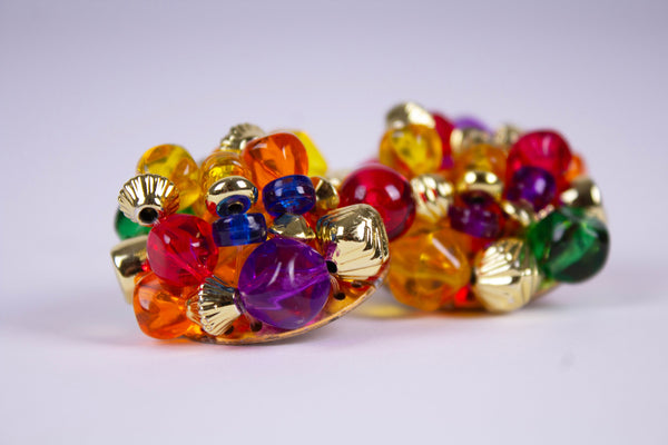 Rainbow Beaded Cluster Clip On Earrings
