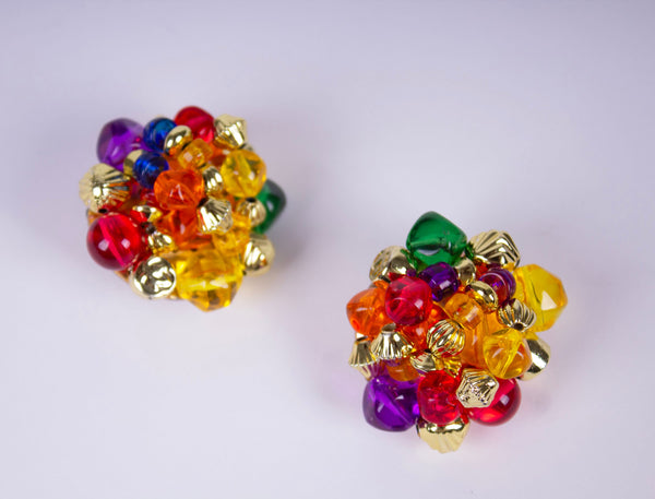 Rainbow Beaded Cluster Clip On Earrings
