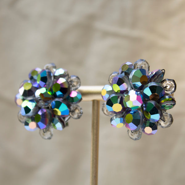 Iridescent Blue & Grey Beaded Cluster Clip On Earrings