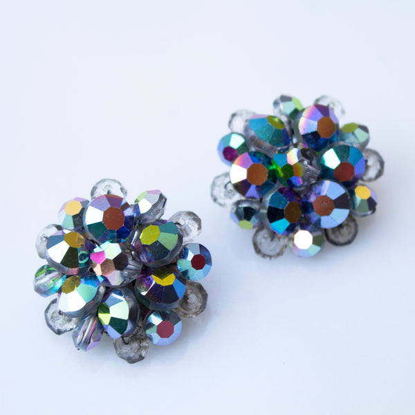 Iridescent Blue & Grey Beaded Cluster Clip On Earrings