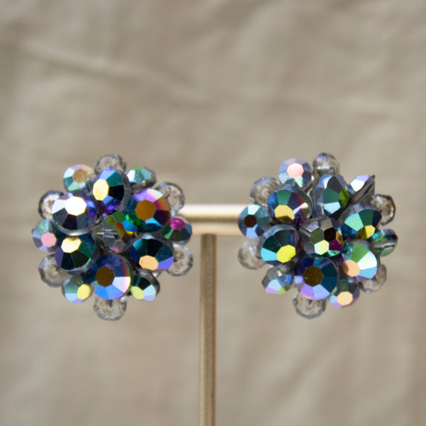 Iridescent Blue & Grey Beaded Cluster Clip On Earrings