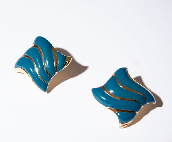 Blue Wave Enameled Clip-On Earrings