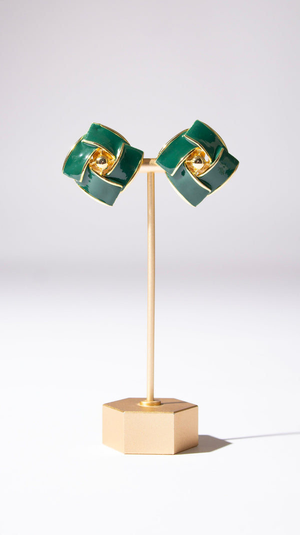 Green Enameled Crosshatch Clip-On Earrings