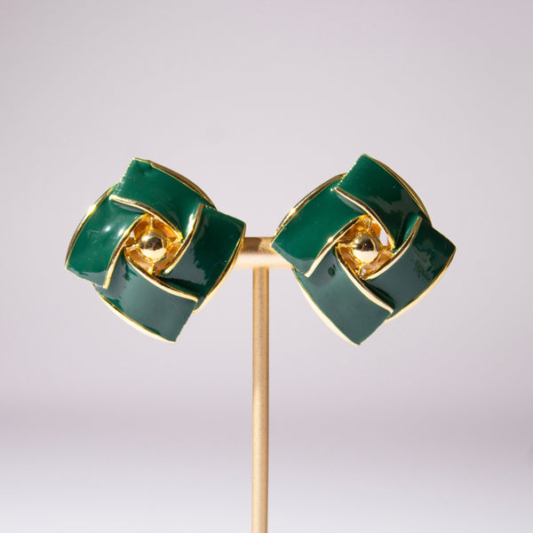 Green Enameled Crosshatch Clip-On Earrings